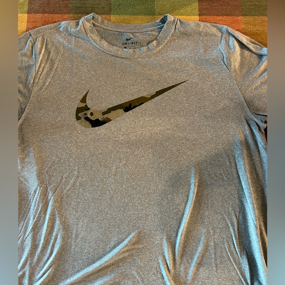 Nike t-shirt; gray with camo swoosh on front; size XL